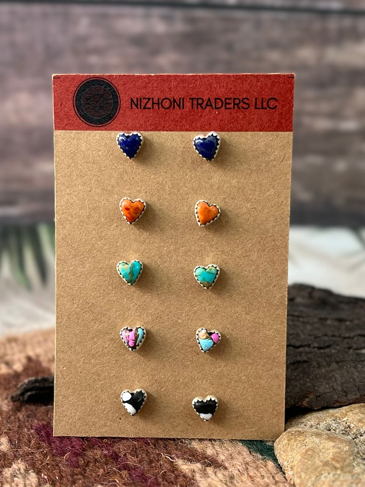 Handmade Sterling Silver Lapis, Orange Mojave, Kingman, Cotton Candy and White Buffalo Turquoise Post Studs Heart Earrings Card Set