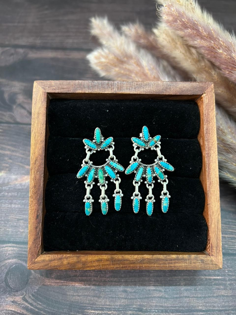 Handmade Sterling Silver Kingman Turquoise Post Dangle Earrings "Signed Nizhoni"