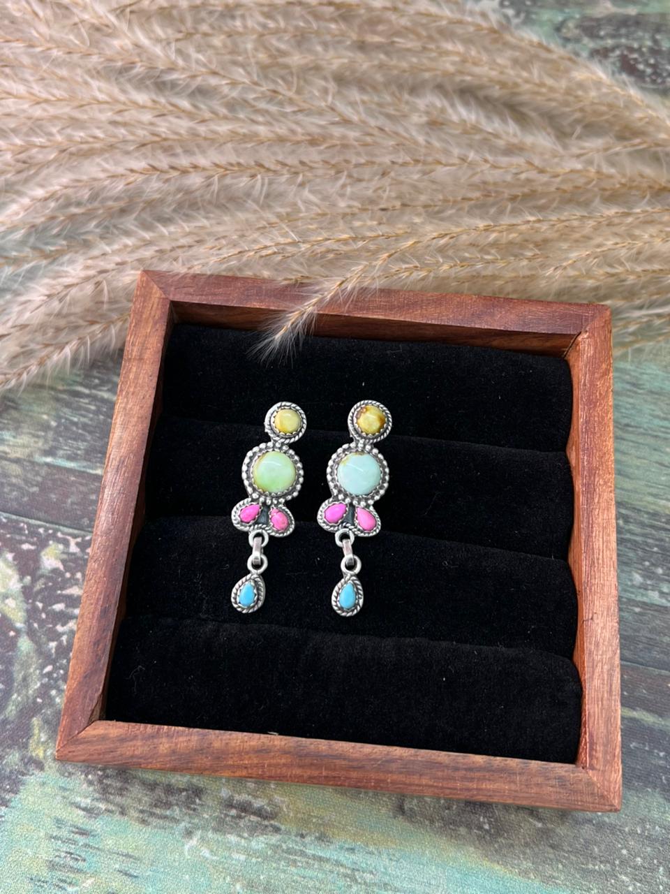 Handmade Sterling Silver Palomino Turquoise with Cotton Candy Post Dangle Earrings "Signed Nizhoni"