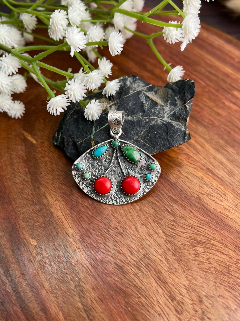 Handmade Sterling Silver Kingman with Sonoran Mountain Turquoise and Rosarita Cherry Pendant "Signed Nizhoni"