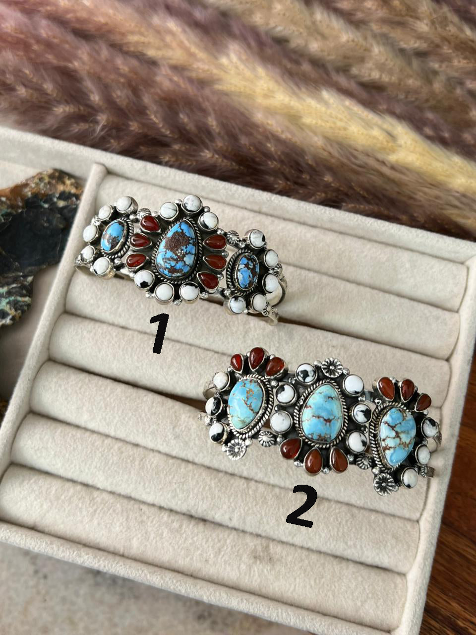 Handmade Sterling Silver Canyon Sunset Collection: Golden Hills Turquoise with White Buffalo and Carnelian Cuff Bracelet "Signed Nizhoni"