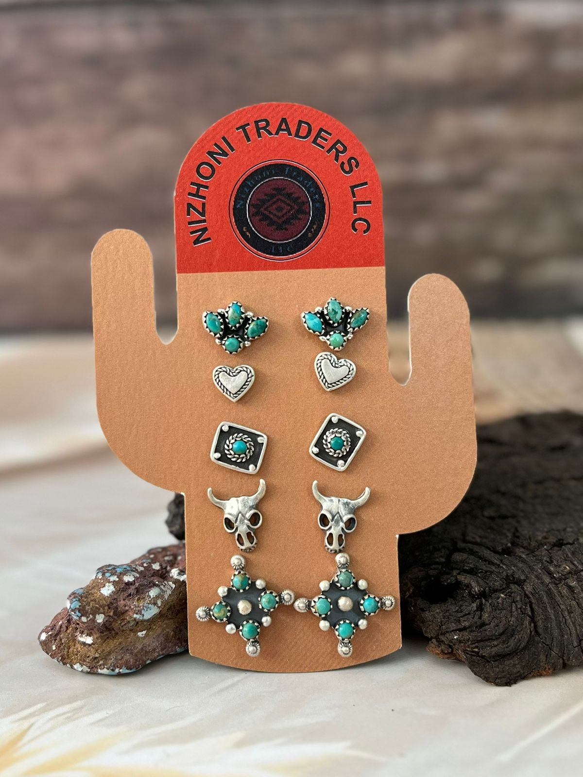 Handmade Sterling Silver Kingman Turquoise Post Studs Card Set