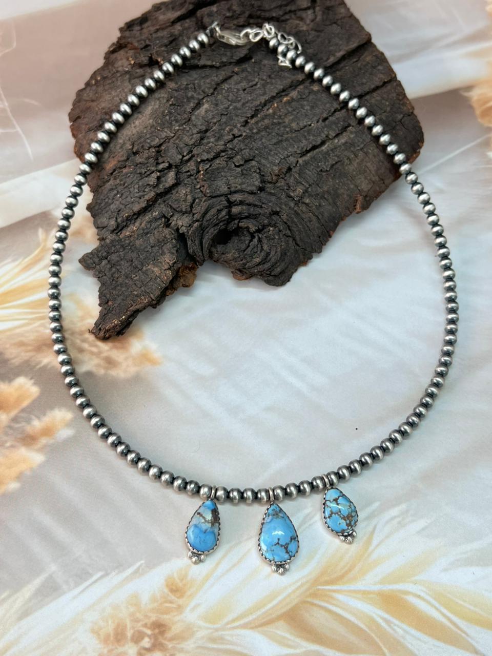 Handmade Sterling Silver Golden Hills Turquoise Beaded Necklace "Signed Nizhoni"