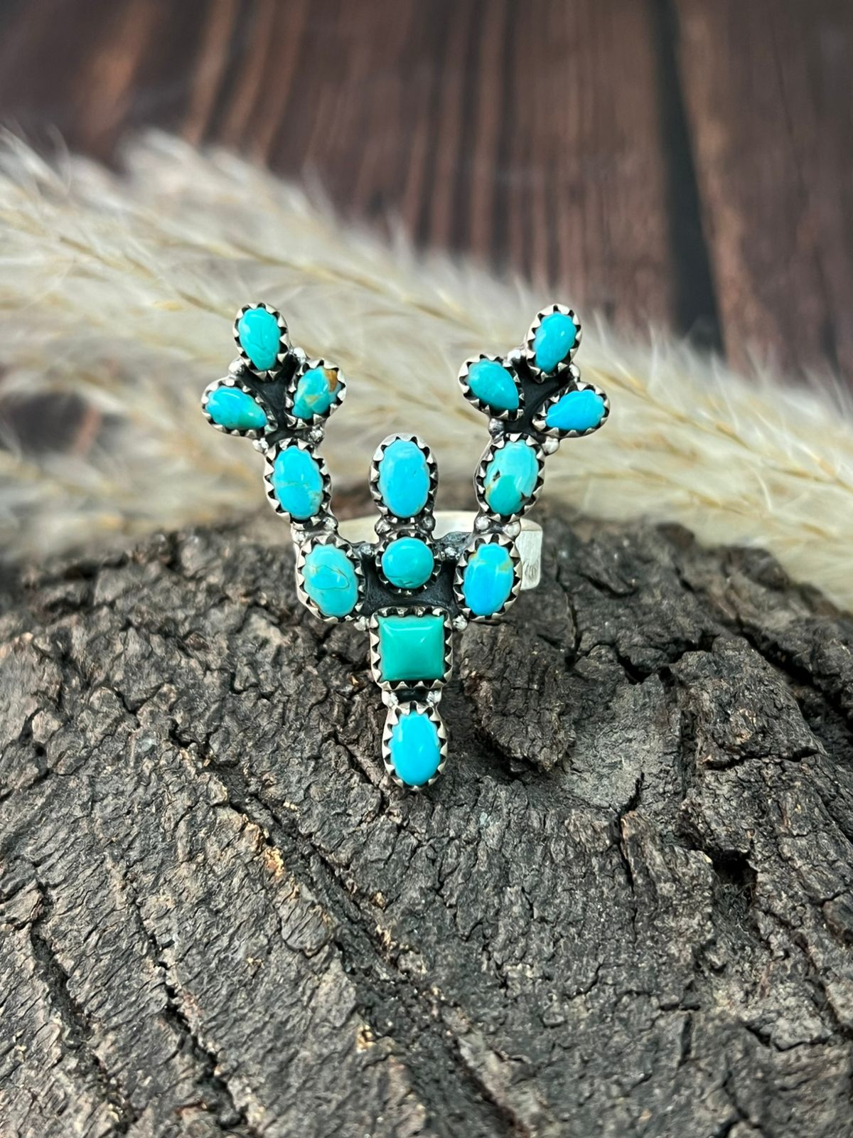 Handmade Sterling Silver Kingman Turquoise Cactus Adjustable Ring "Signed Nizhoni"