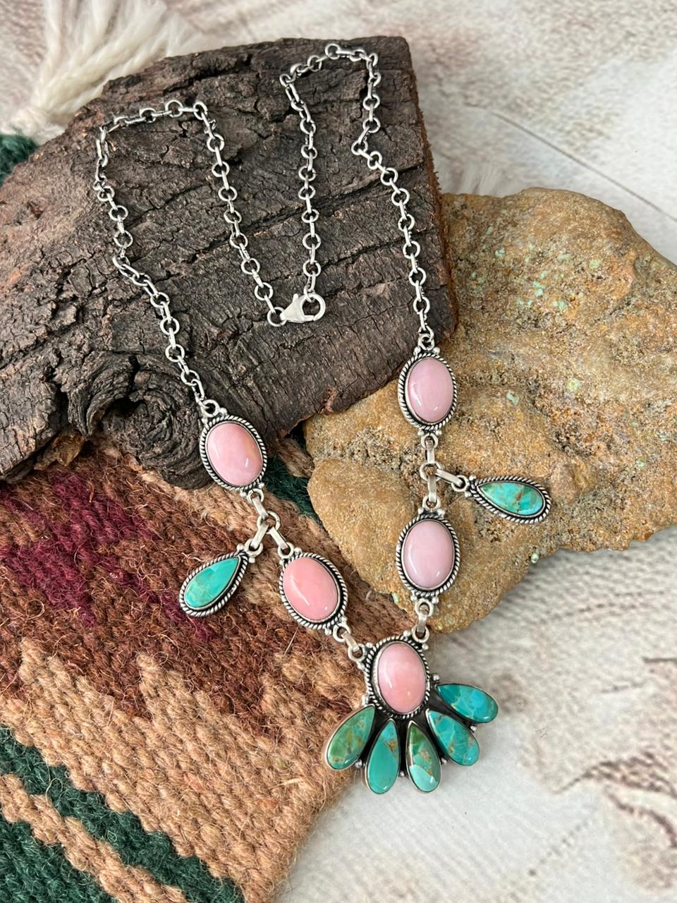 Handmade Sterling Silver Kingman with Pink Opal Necklace "Signed Nizhoni"