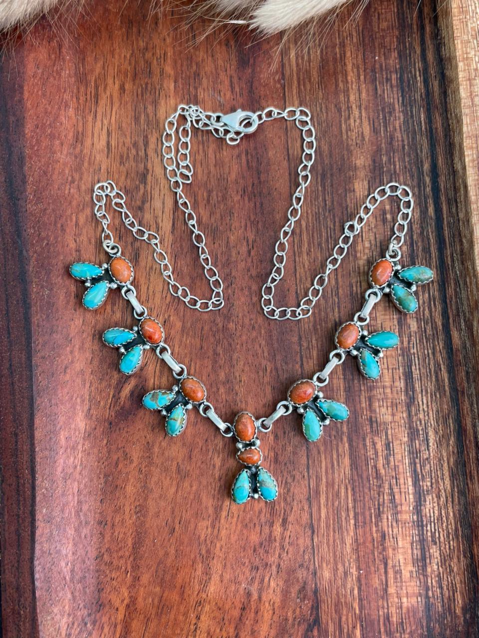 Handmade Sterling Silver Kingman Turquoise with Orange Mojave Necklace "Signed Nizhoni"