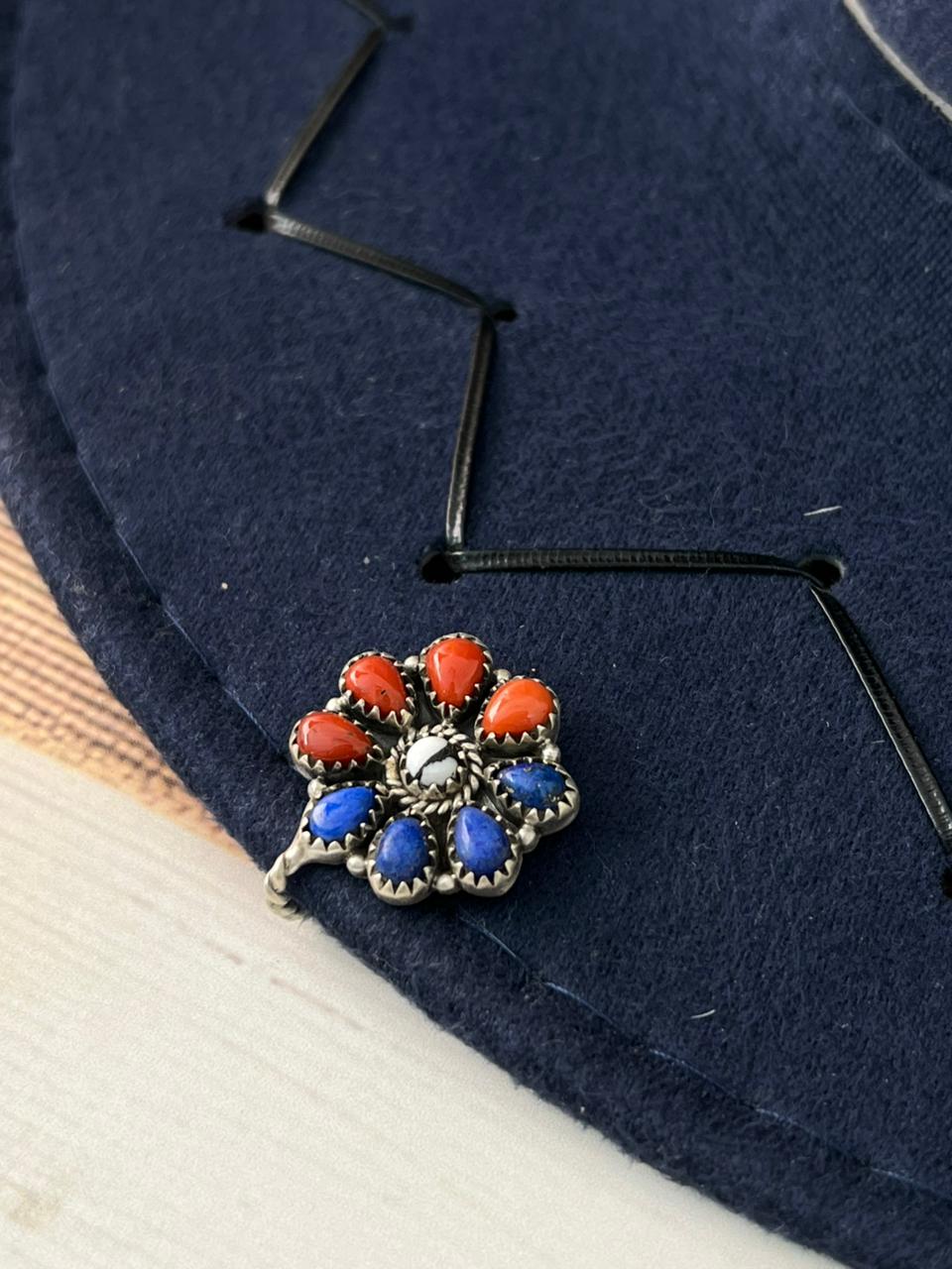 Handmade Sterling Silver 4th Of July Collection: Coral with Lapis and White Buffalo Hat Pin "Signed Nizhoni"