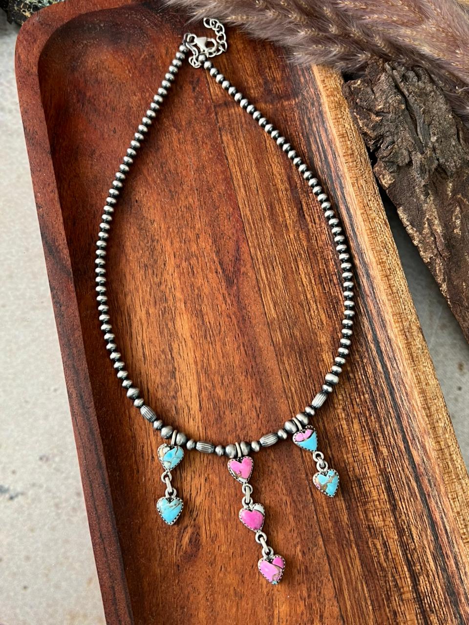 Handmade Sterling Silver Cotton Candy Beaded Heart Necklace "Signed Nizhoni"