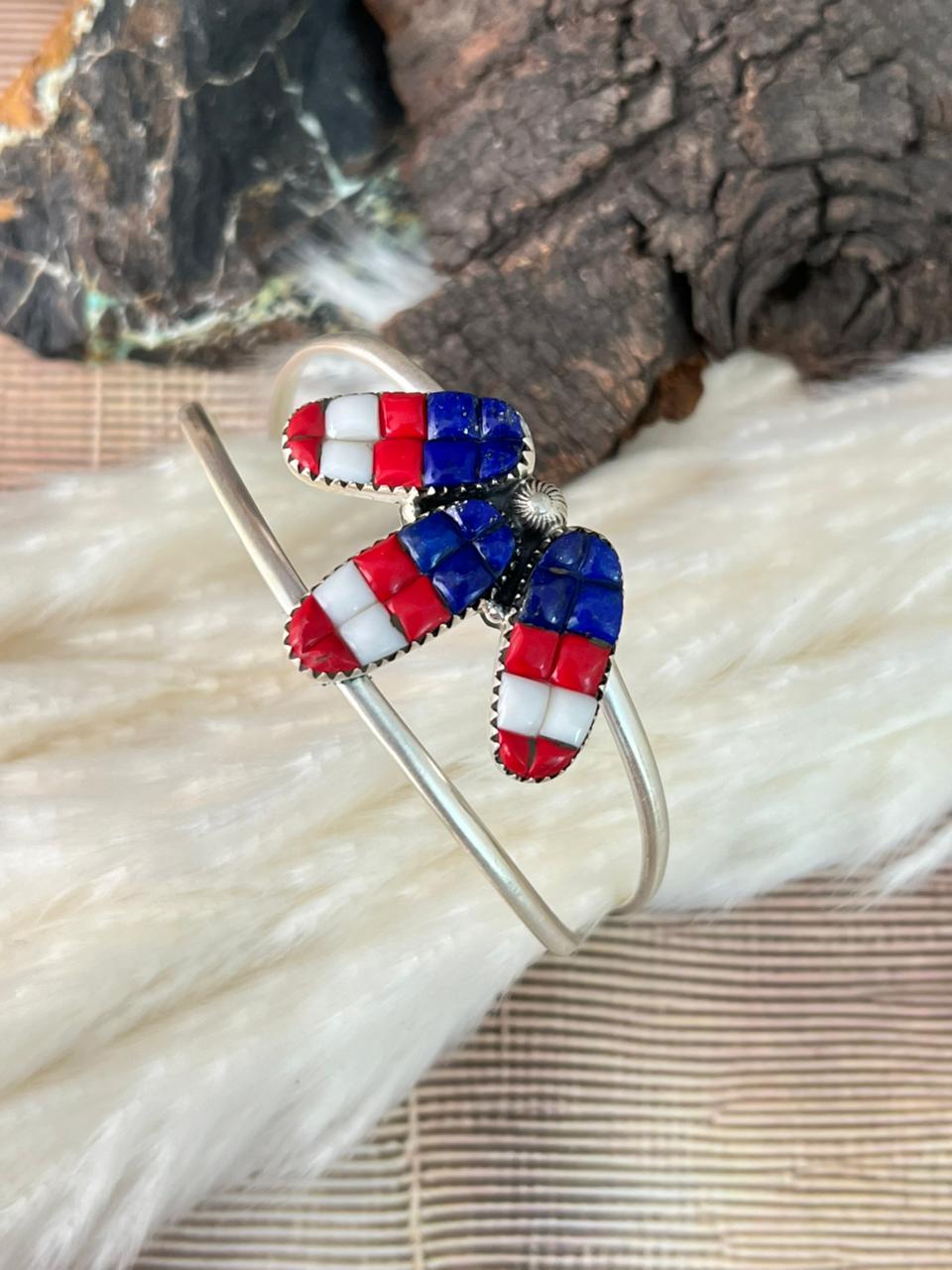 Handmade Sterling Silver 4th Of July Collection: Rosarita with Lapis and White Buffalo Cuff Bracelet "Signed Nizhoni"