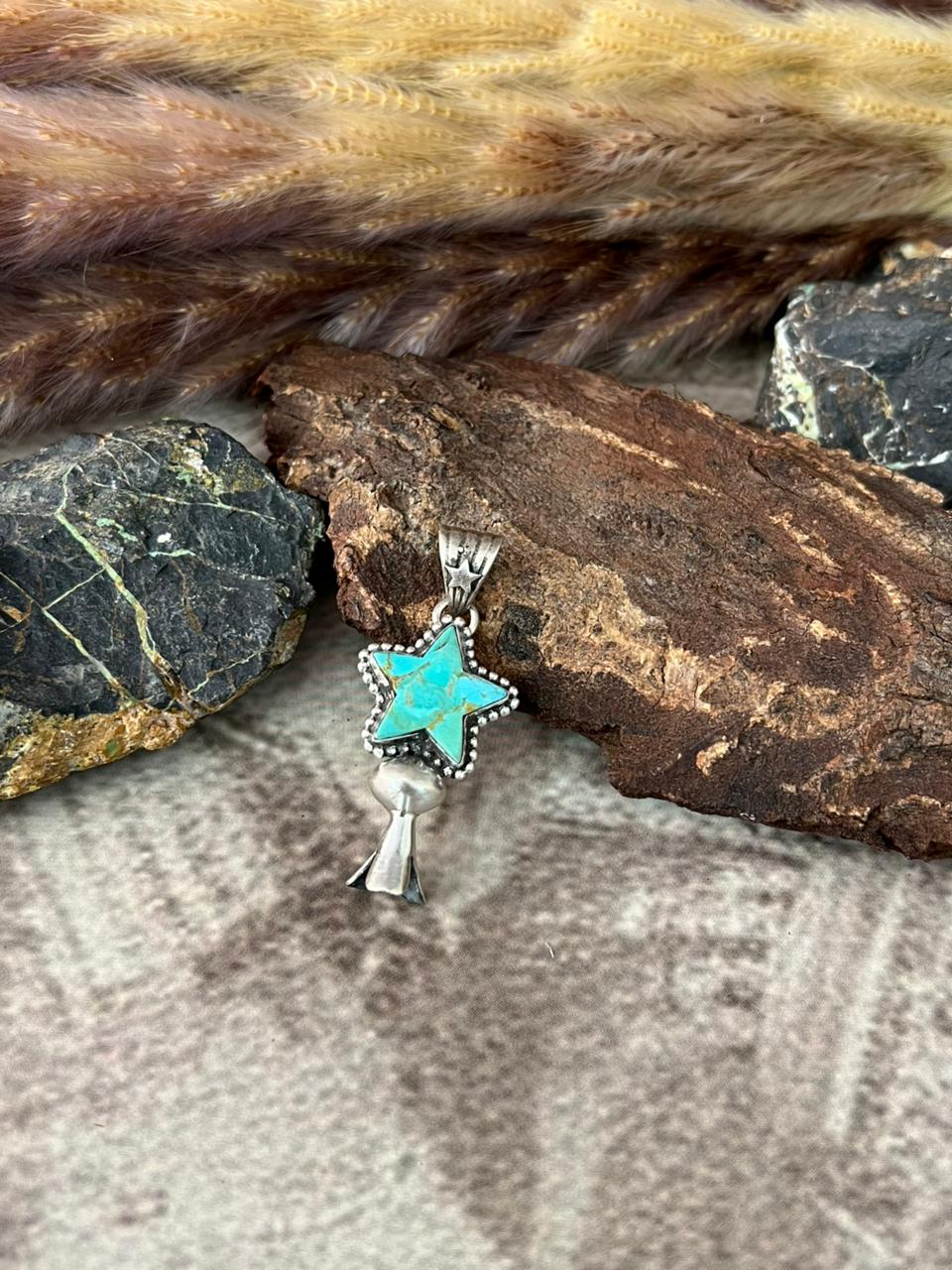 Handmade Sterling Silver Kingman Turquoise Star Pendant "Signed Nizhoni"