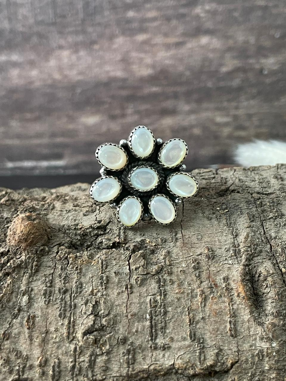 Handmade Sterling Silver Wedding Collection: Mother of Pearl Adjustable Ring "Signed Nizhoni"