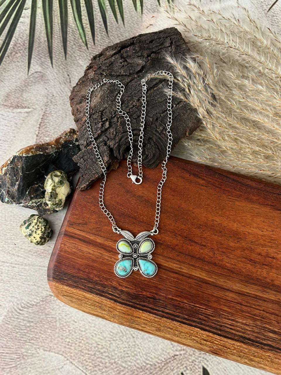 Handmade Sterling Silver White Water with Palomino Turquoise Butterfly Necklace "Signed Nizhoni"