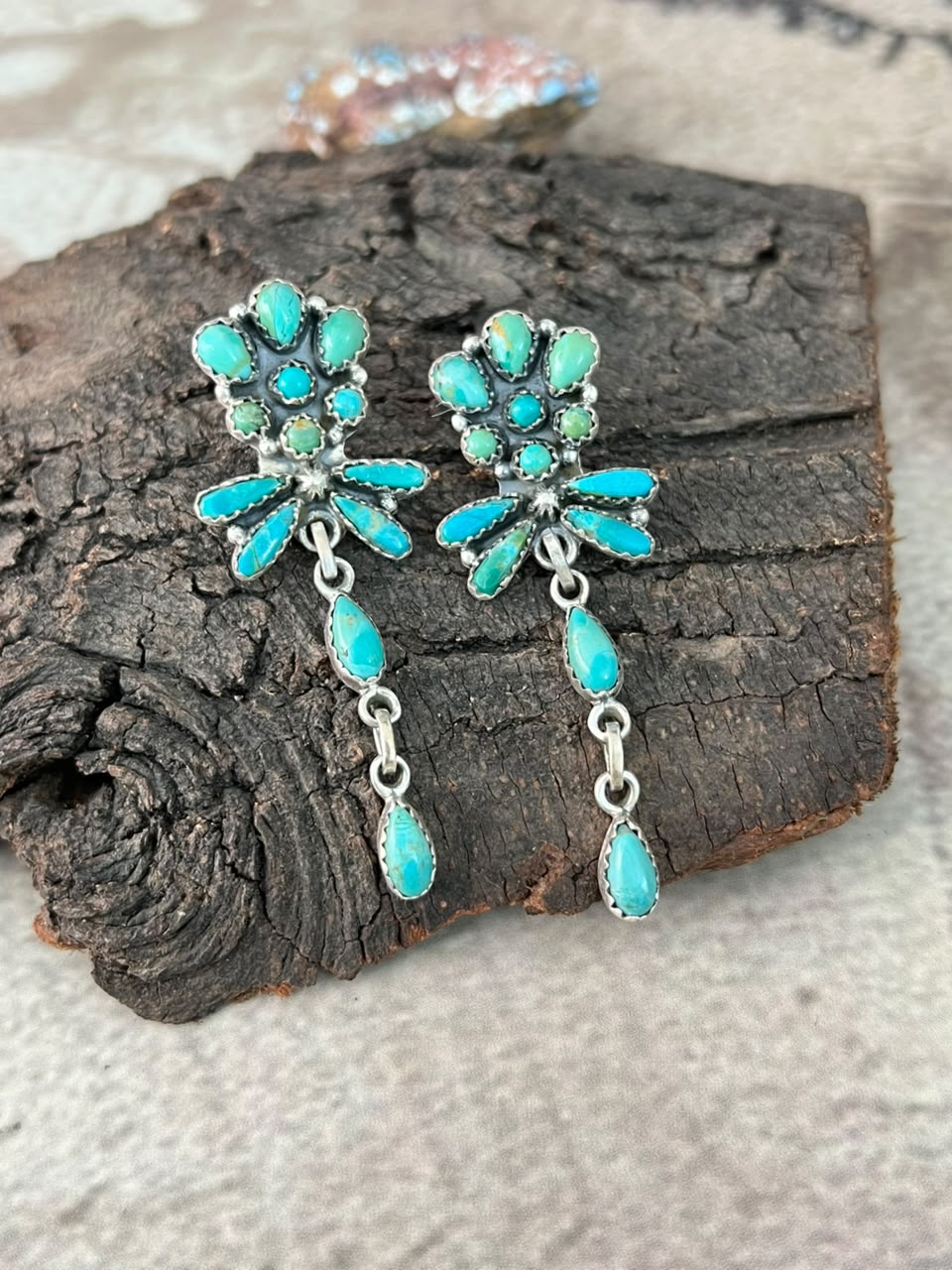 Handmade Sterling Silver Kingman Turquoise Post Dangle Earrings Signed Nizhoni