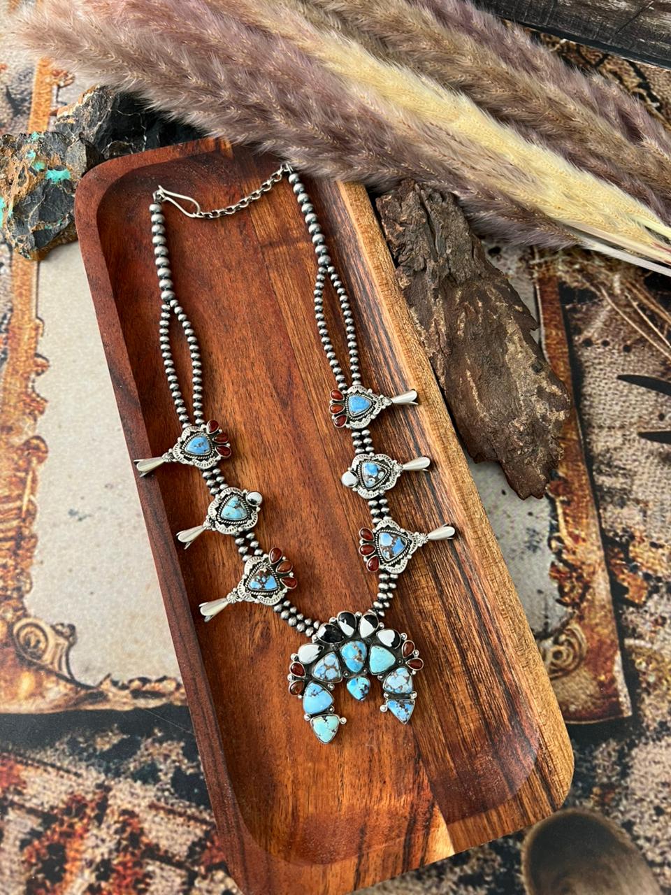 Handmade Sterling Silver Canyon Sunset Collection: Golden Hills Turquoise with White Buffalo and Carnelian Squash Blossom Beaded Necklace "Signed Nizhoni"