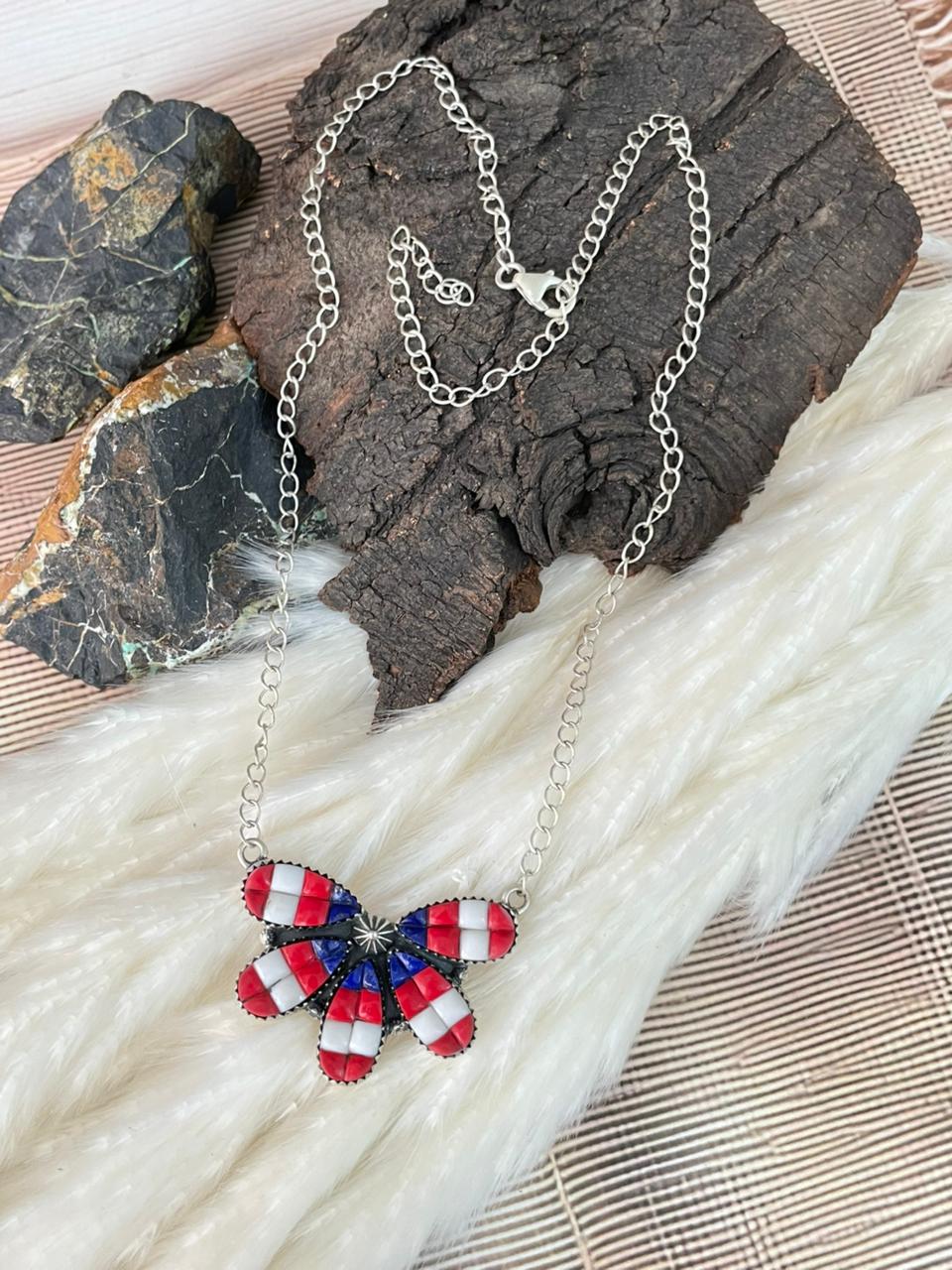 Handmade Sterling Silver 4th Of July Collection: Rosarita with Lapis and White Buffalo Necklace "Signed Nizhoni"