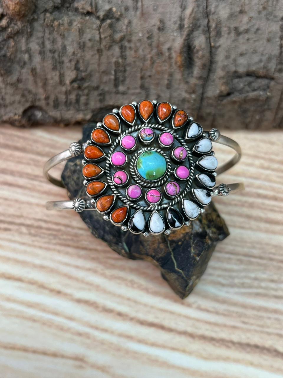 Handmade Sterling Silver Spring Collection: Sonoran Mountain Turquoise with Orange Mojave, Cotton Candy and White Buffalo Cuff Bracelet "Signed Nizhoni"