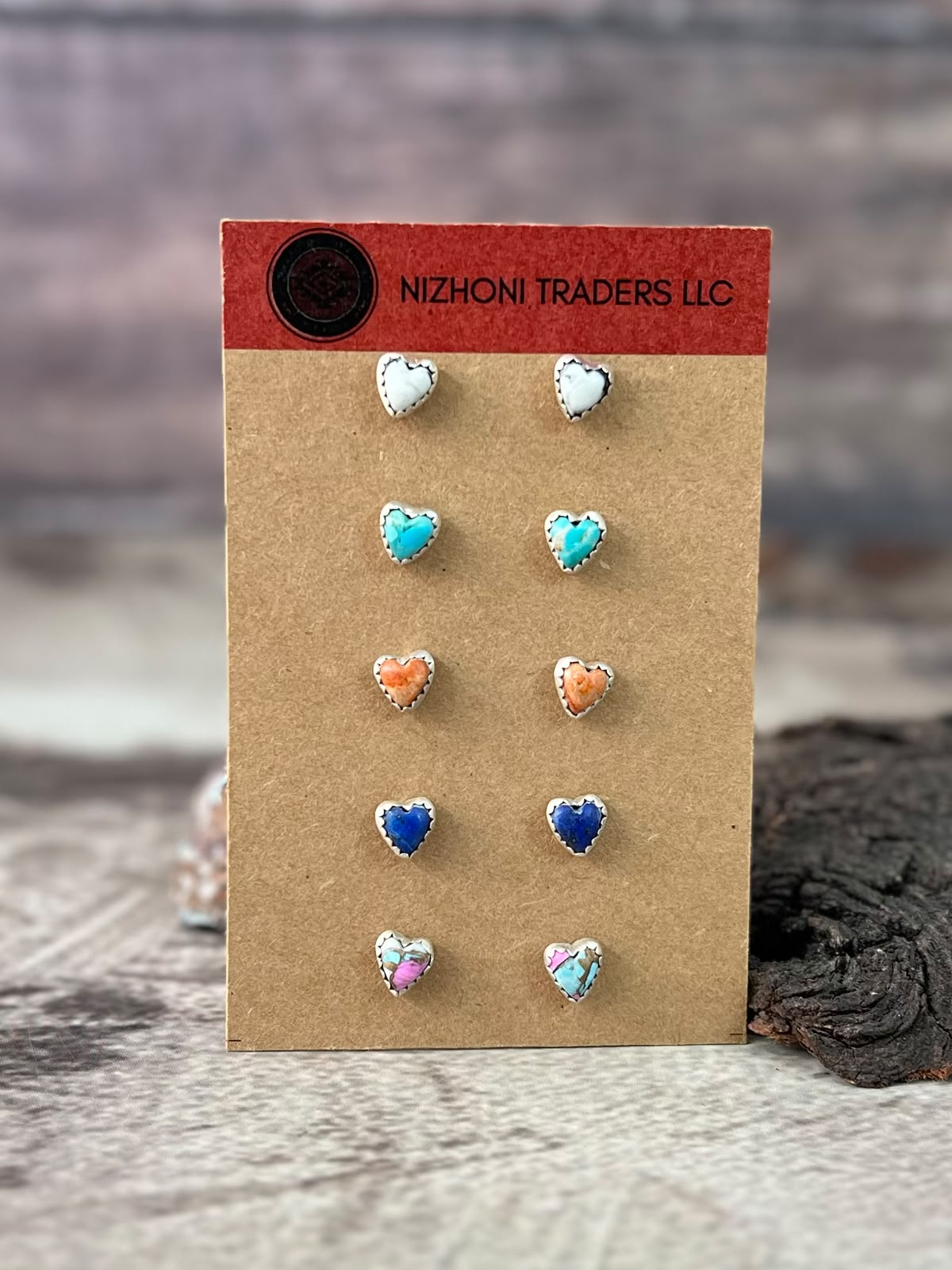 Handmade Sterling Silver Orange Mojave with White Buffalo, Kingman Turquoise, Cotton Candy and Lapis Heart Post Studs Cards
