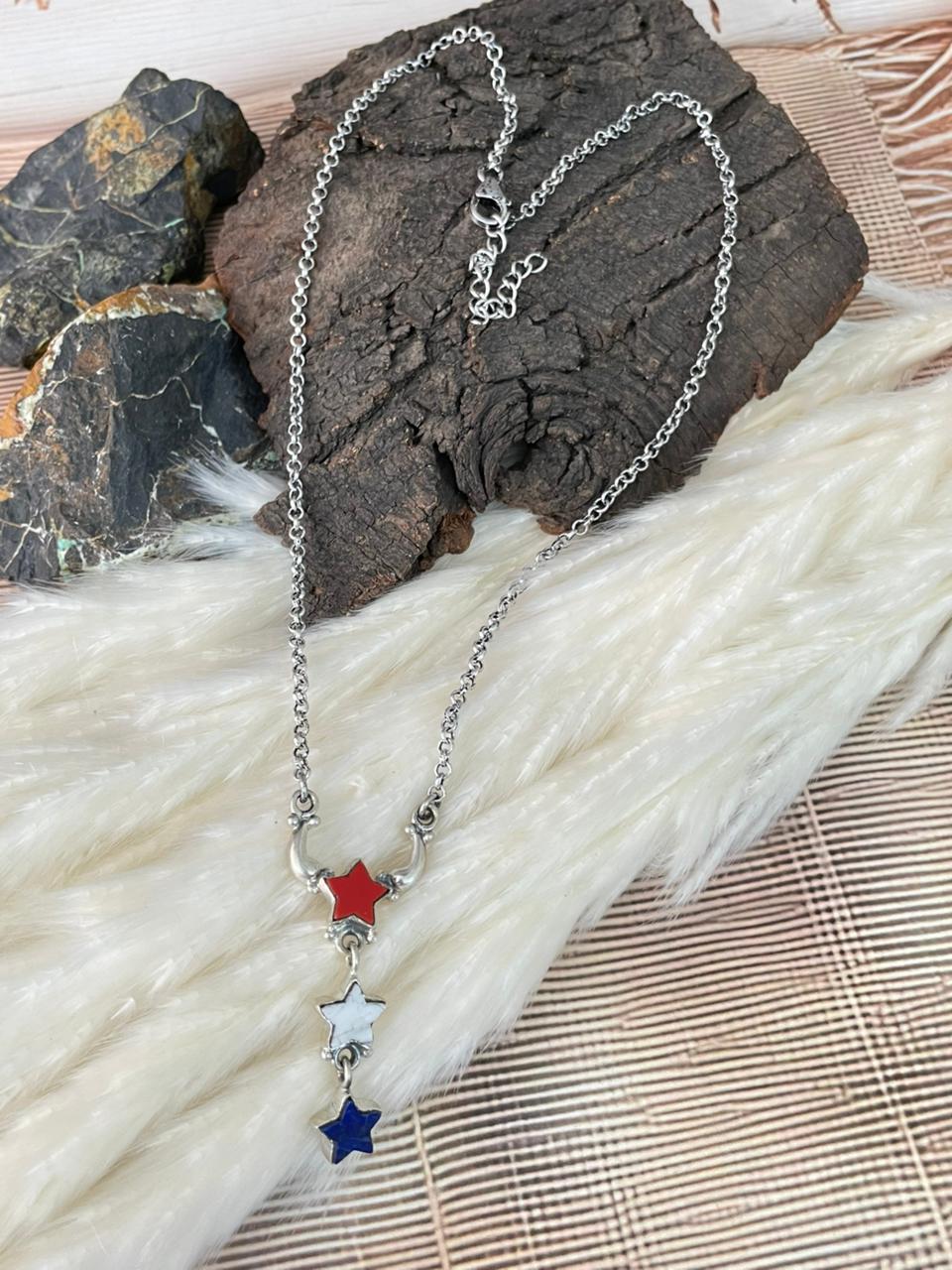 Handmade Sterling Silver 4th Of July Collection: Rosarita with Lapis and White Buffalo Star Necklace "Signed Nizhoni"