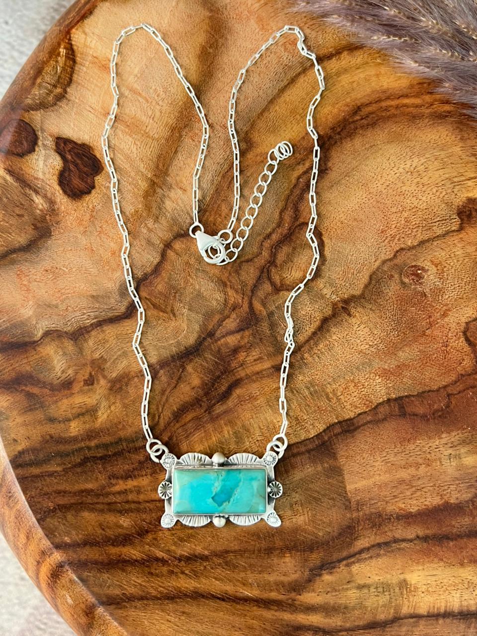 Handmade Sterling Silver Kingman Turquoise Bar Necklace "Signed Nizhoni"