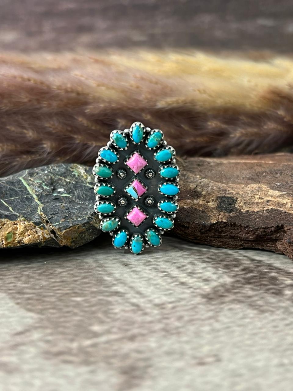 Handmade Sterling Silver Kingman Turquoise with Cotton Candy Adjustable Ring "Signed Nizhoni"