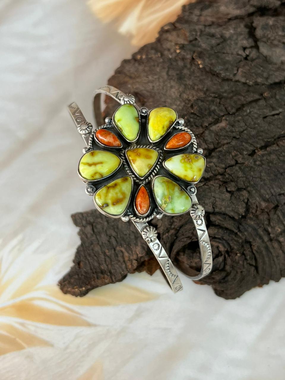 Handmade Sterling Silver Palomino Turquoise with Orange Mojave Cuff Bracelet "Signed Nizhoni"