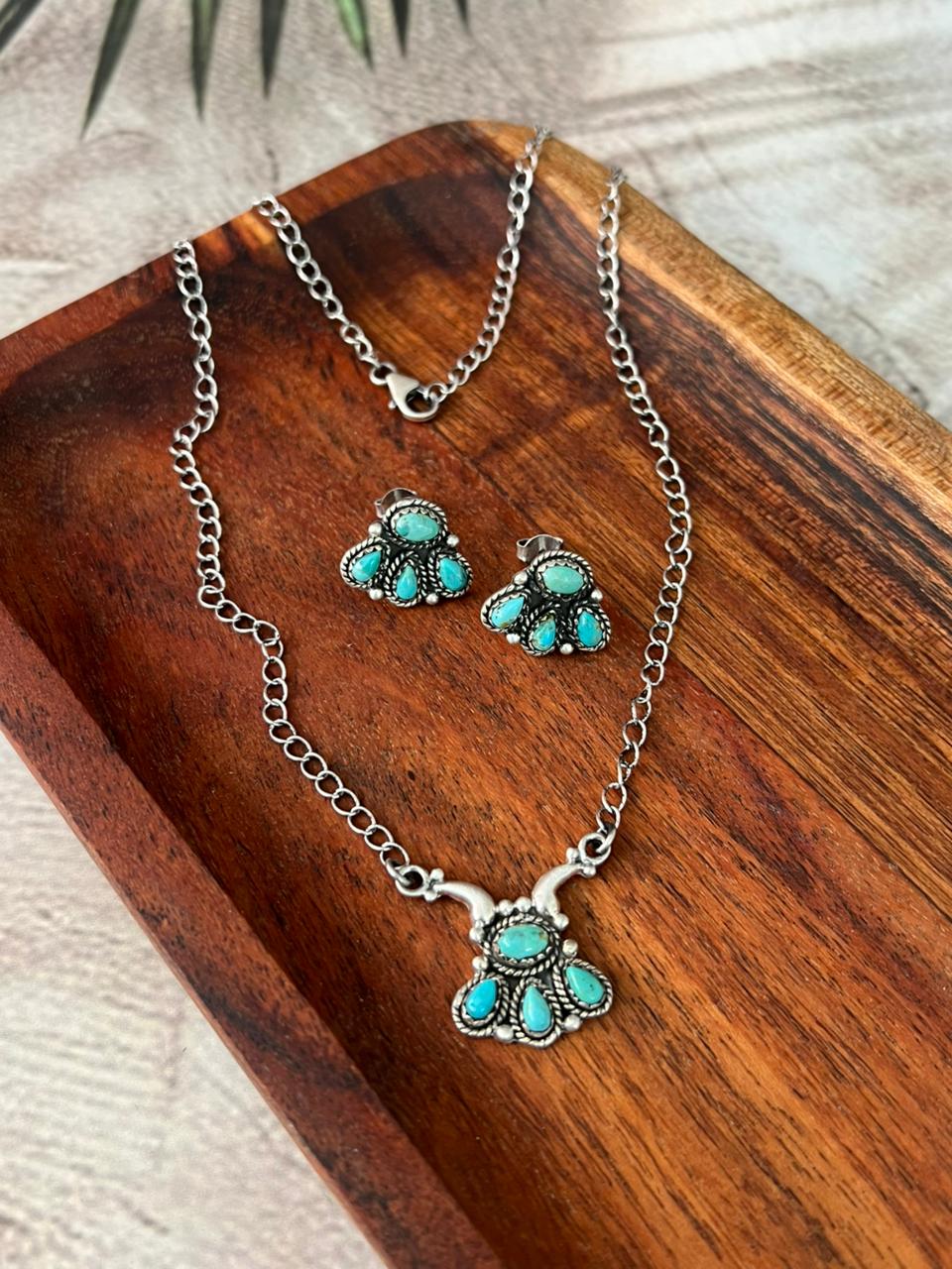 Handmade Sterling Silver Kingman Turquoise Necklace Earrings Set "Signed Nizhoni"