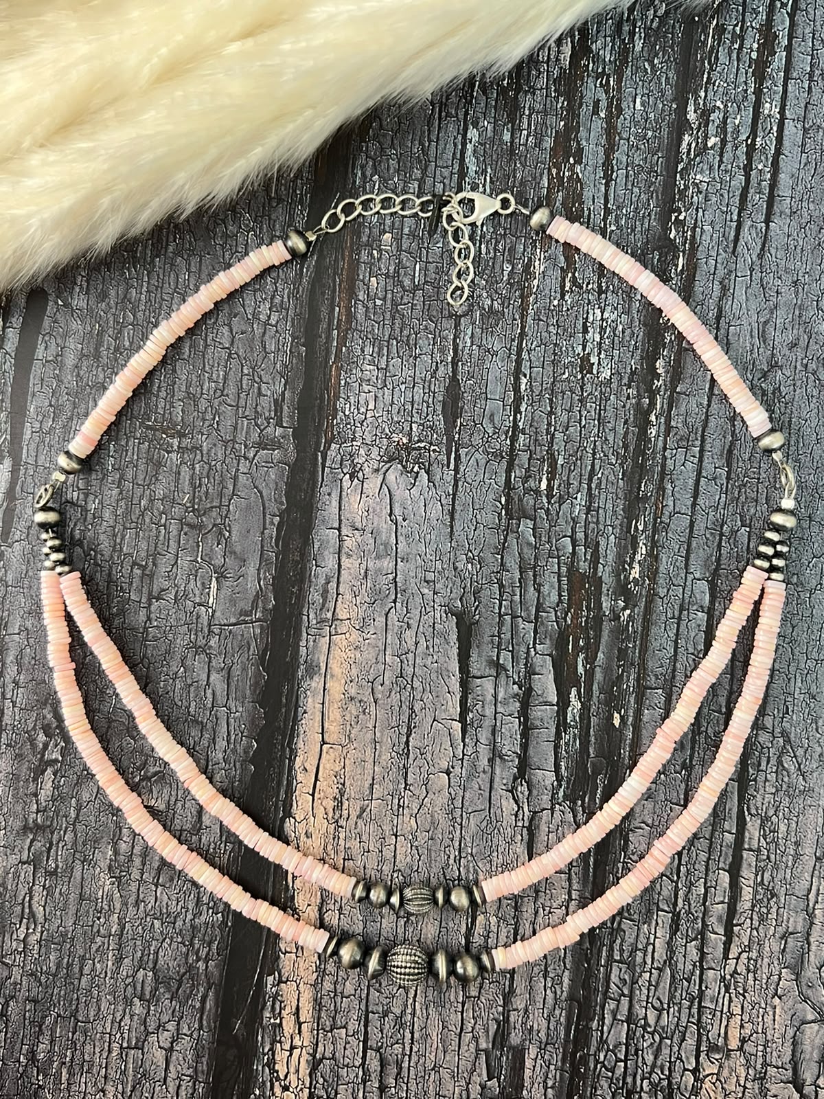 Handmade Sterling Silver Queen Pink Conch Collection: Beaded Layering Necklace Signed Nizhoni