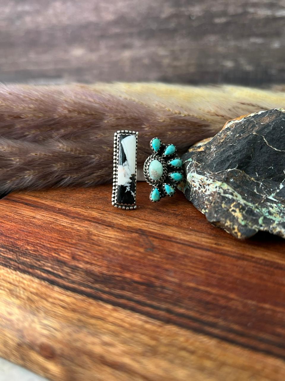 Handmade Sterling Silver Paloma with Kingman Turquoise and White Buffalo Adjustable Ring "Signed Nizhoni"