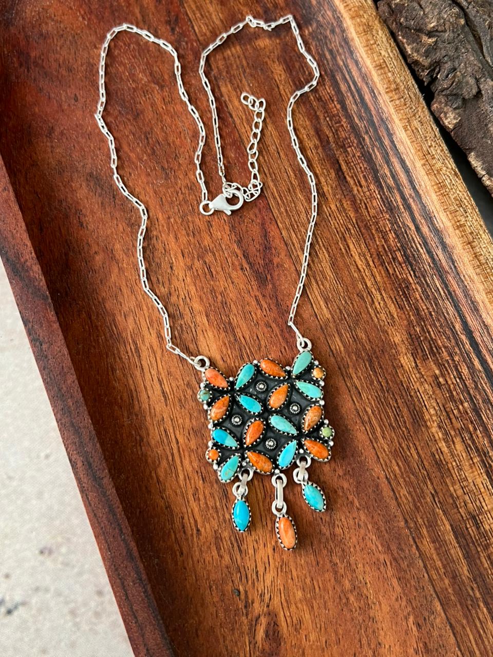 Handmade Sterling Silver Kingman Turquoise with Orange Mojave Necklace "Signed Nizhoni"