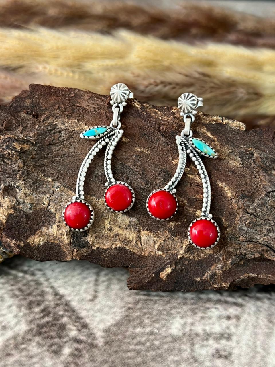 Handmade Sterling Silver Rosarita with Kingman Turquoise Post Cherry Earrings "Signed Nizhoni"