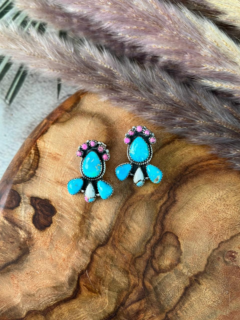 Handmade Sterling Silver Sierra Bella Turquoise with Cotton Candy Collection: Post Studs Earrings "Signed Nizhoni"