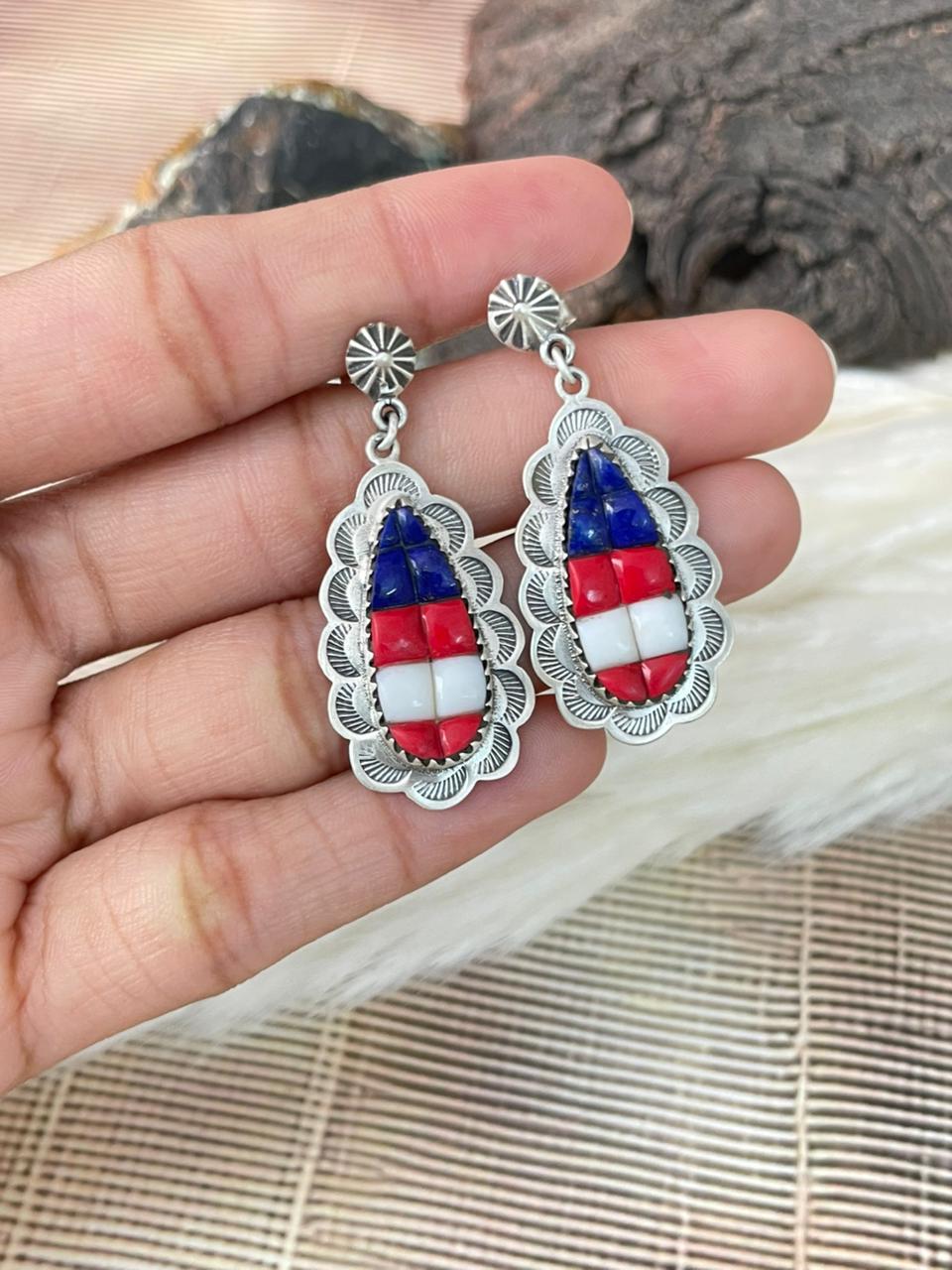 Handmade Sterling Silver 4th Of July Collection: Rosarita with Lapis and White Buffalo Post Dangle Earrings "Signed Nizhoni"
