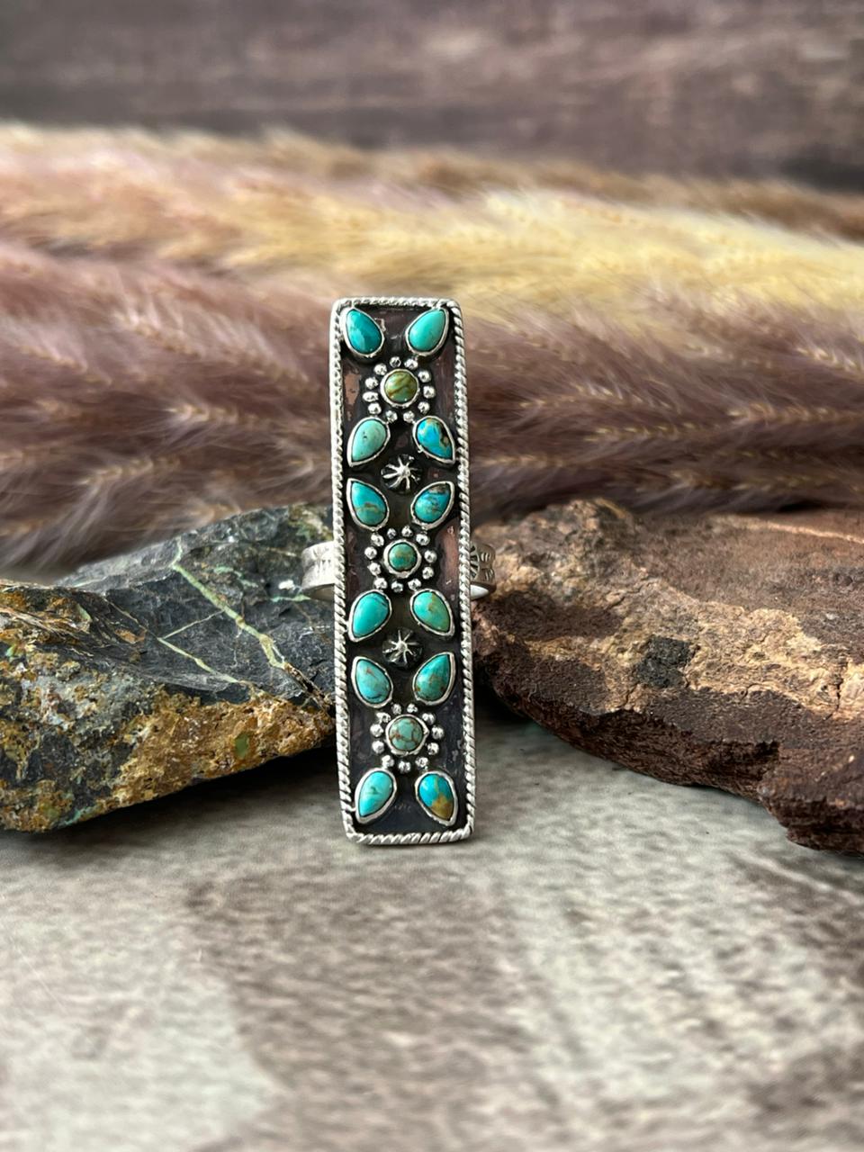 Handmade Sterling Silver Kingman Turquoise Adjustable Ring "Signed Nizhoni"