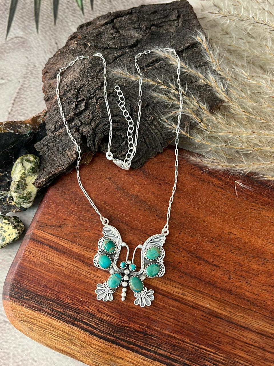 Handmade Sterling Silver Kingman Turquoise Butterfly Necklace "Signed Nizhoni"