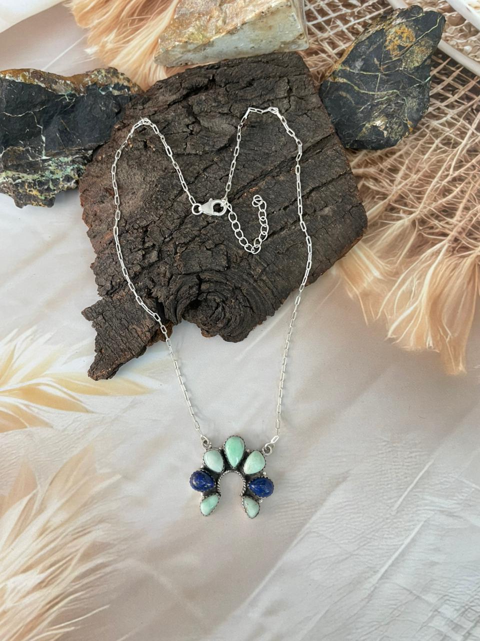Handmade Sterling Silver Palomino Turquoise with Lapis Naja Necklace "Signed Nizhoni"