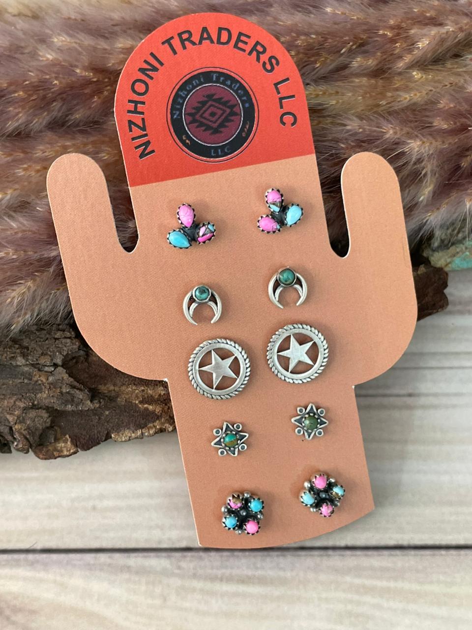 Handmade Sterling Silver Cotton Candy and Kingman Turquoise Post Studs Cards