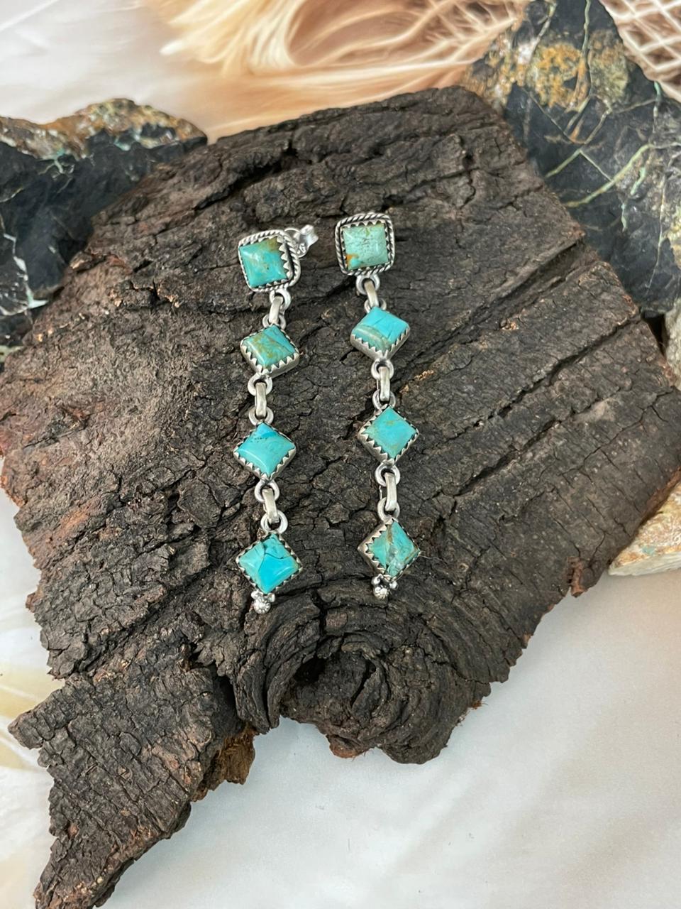 Handmade Sterling Silver Kingman Turquoise Post Dangle Earrings "Signed Nizhoni"