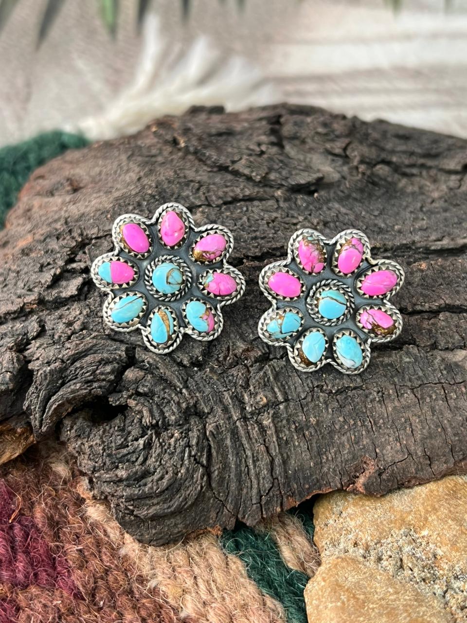 Handmade Sterling Silver Cotton Candy Post Studs Earrings "Signed Nizhoni"