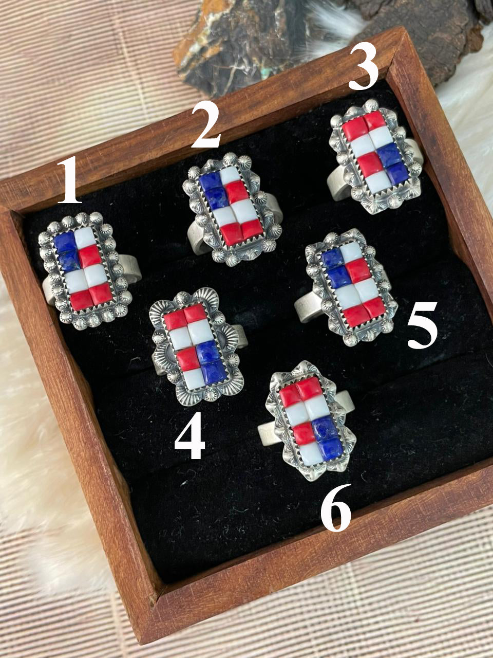 Handmade Sterling Silver 4th Of July Collection: Rosarita with Lapis and White Buffalo Bar Adjustable Ring "Signed Nizhoni"