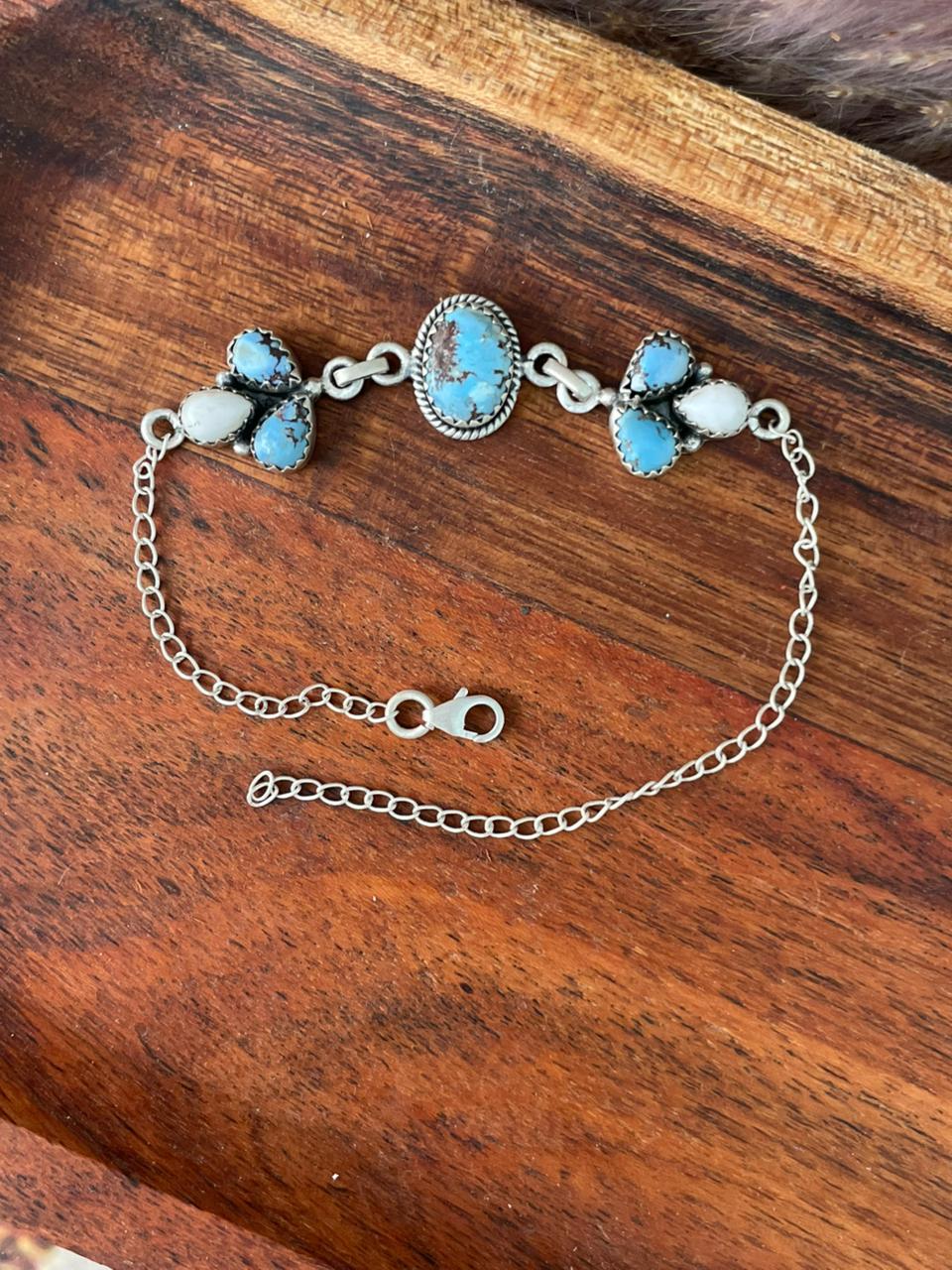 Handmade Sterling Silver Canyon Sunset Collection: Golden Hills Turquoise with White Buffalo Bracelet "Signed Nizhoni"