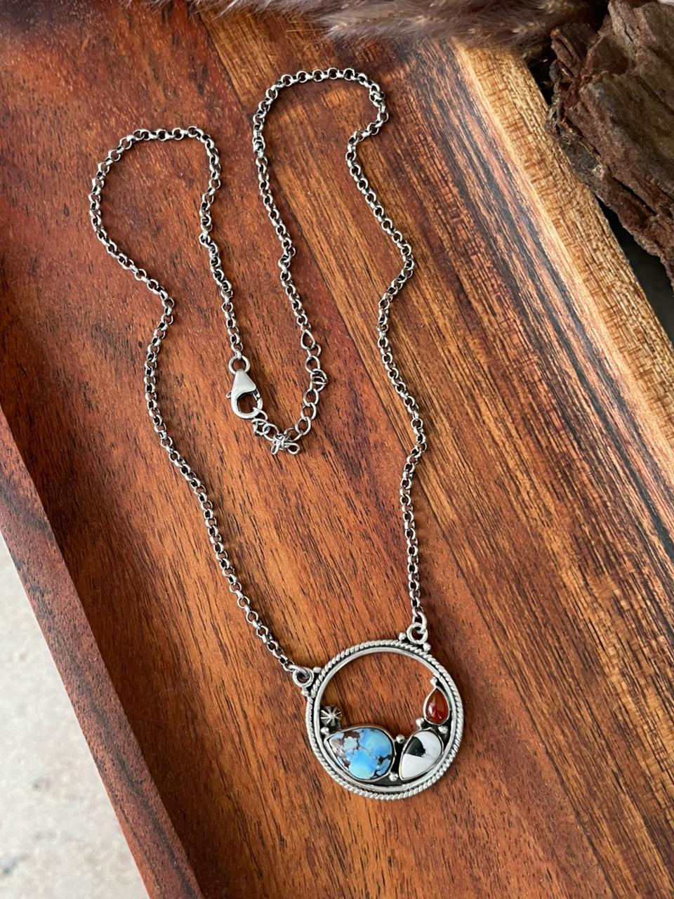 Handmade Sterling Silver Canyon Sunset Collection: Golden Hills Turquoise with White Buffalo and Carnelian Necklace "Signed Nizhoni" (9)