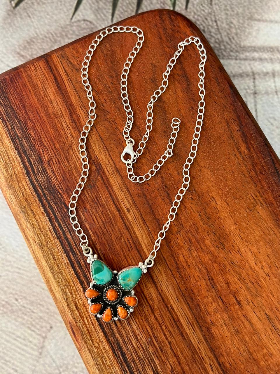 Handmade Sterling Silver Kingman Turquoise with Orange Mojave Necklace "Signed Nizhoni"