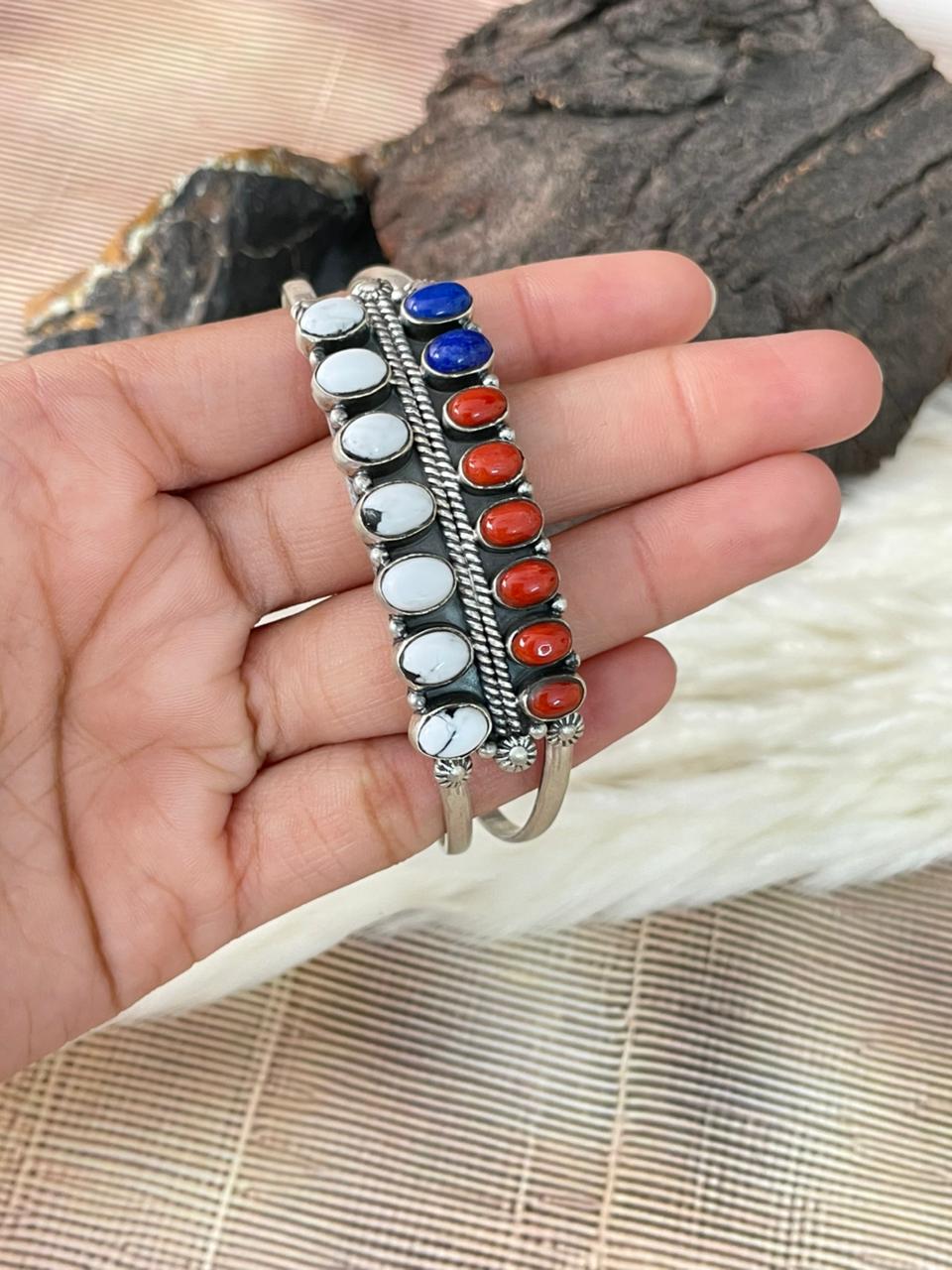 Handmade Sterling Silver 4th Of July Collection: Coral with Lapis and White Buffalo Cuff Bracelet "Signed Nizhoni"