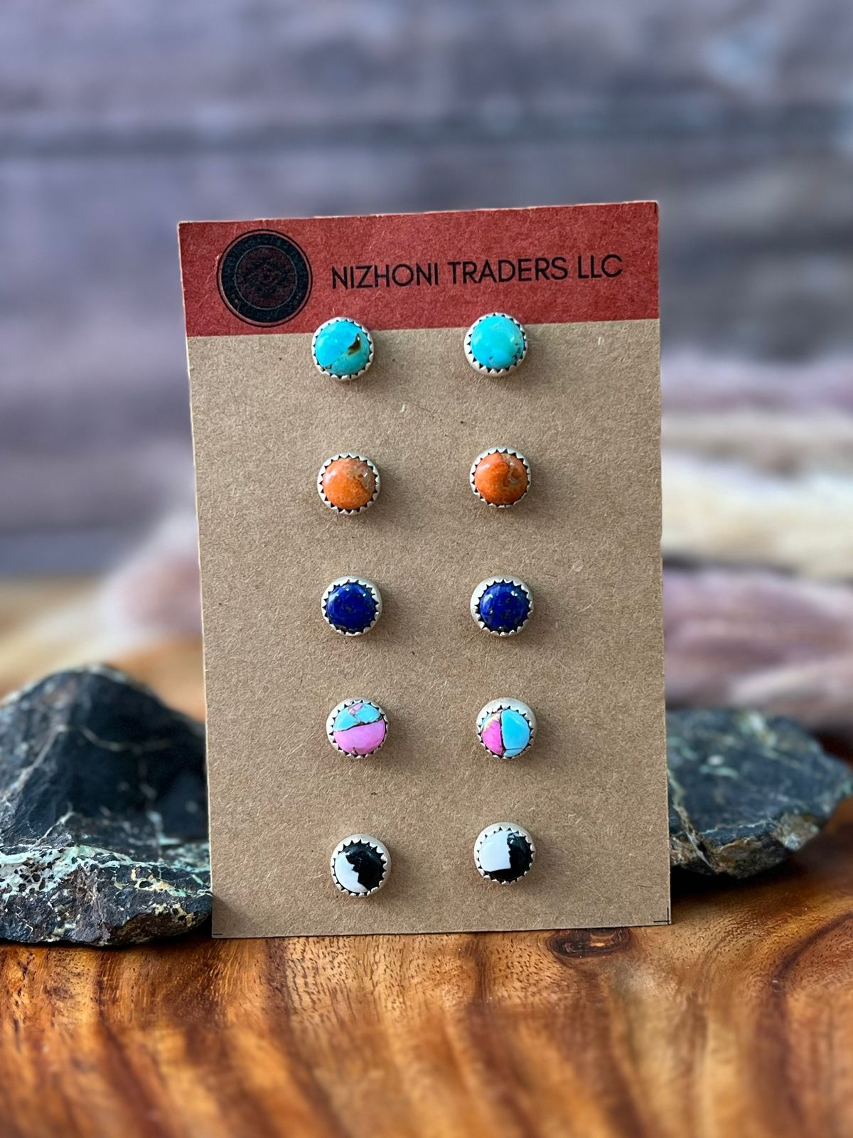 Handmade Sterling Silver Kingman Turquoise, Orange Mojave, Lapis, Cotton Candy, White Buffalo Post Studs Earrings Card Set