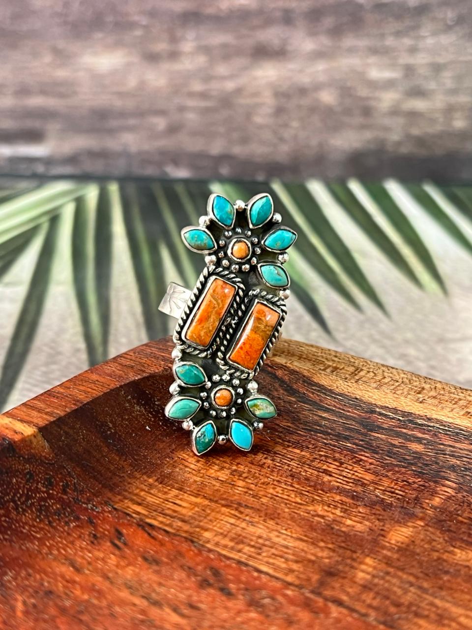Handmade Sterling Silver Kingman Turquoise with Orange Mojave Adjustable Ring "Signed Nizhoni"