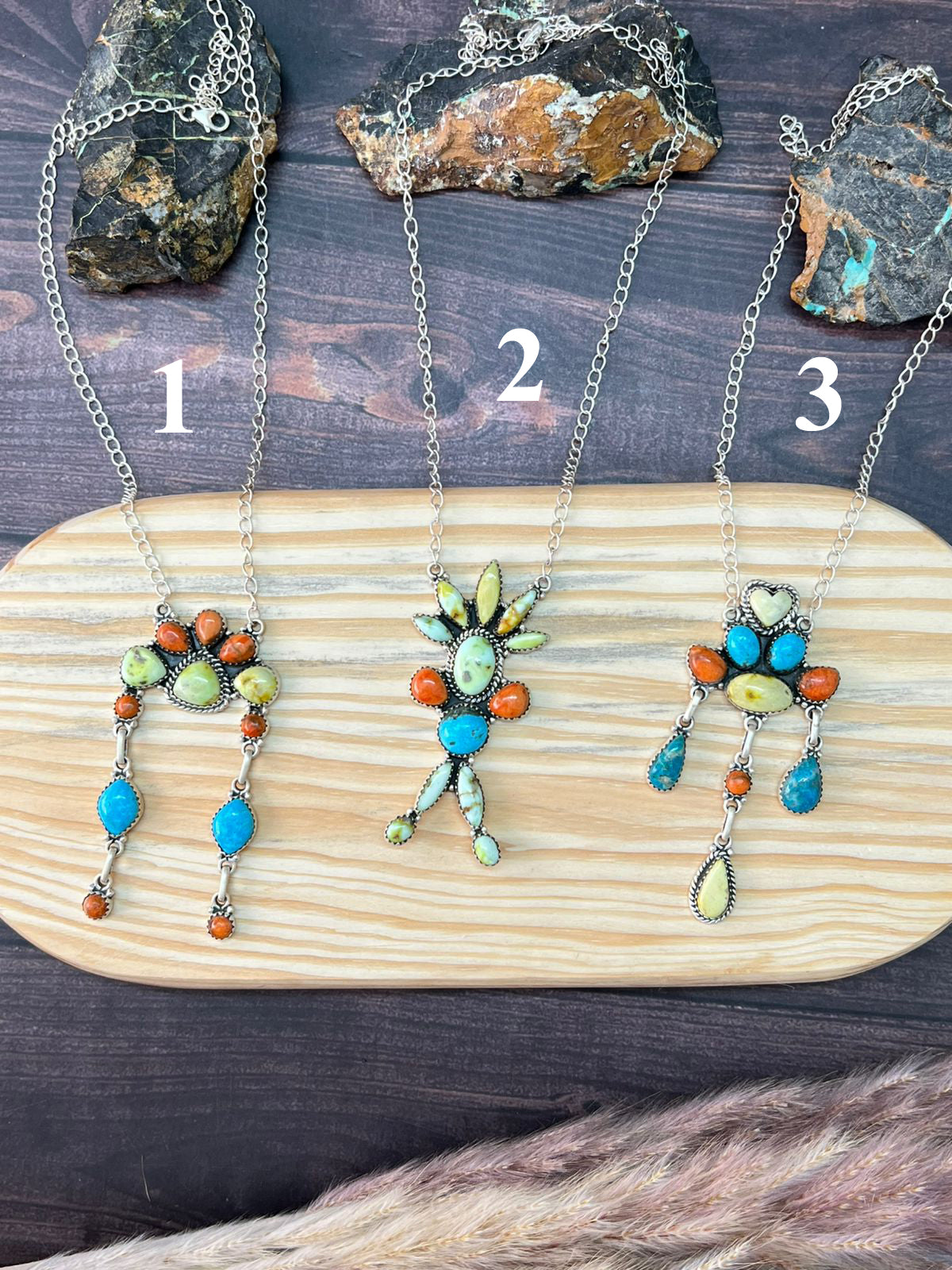 Handmade Sterling Silver Multi Stone Collection: Palomino with Orange Mojave and Arizona Blue Turquoise Necklace "Signed Nizhoni"