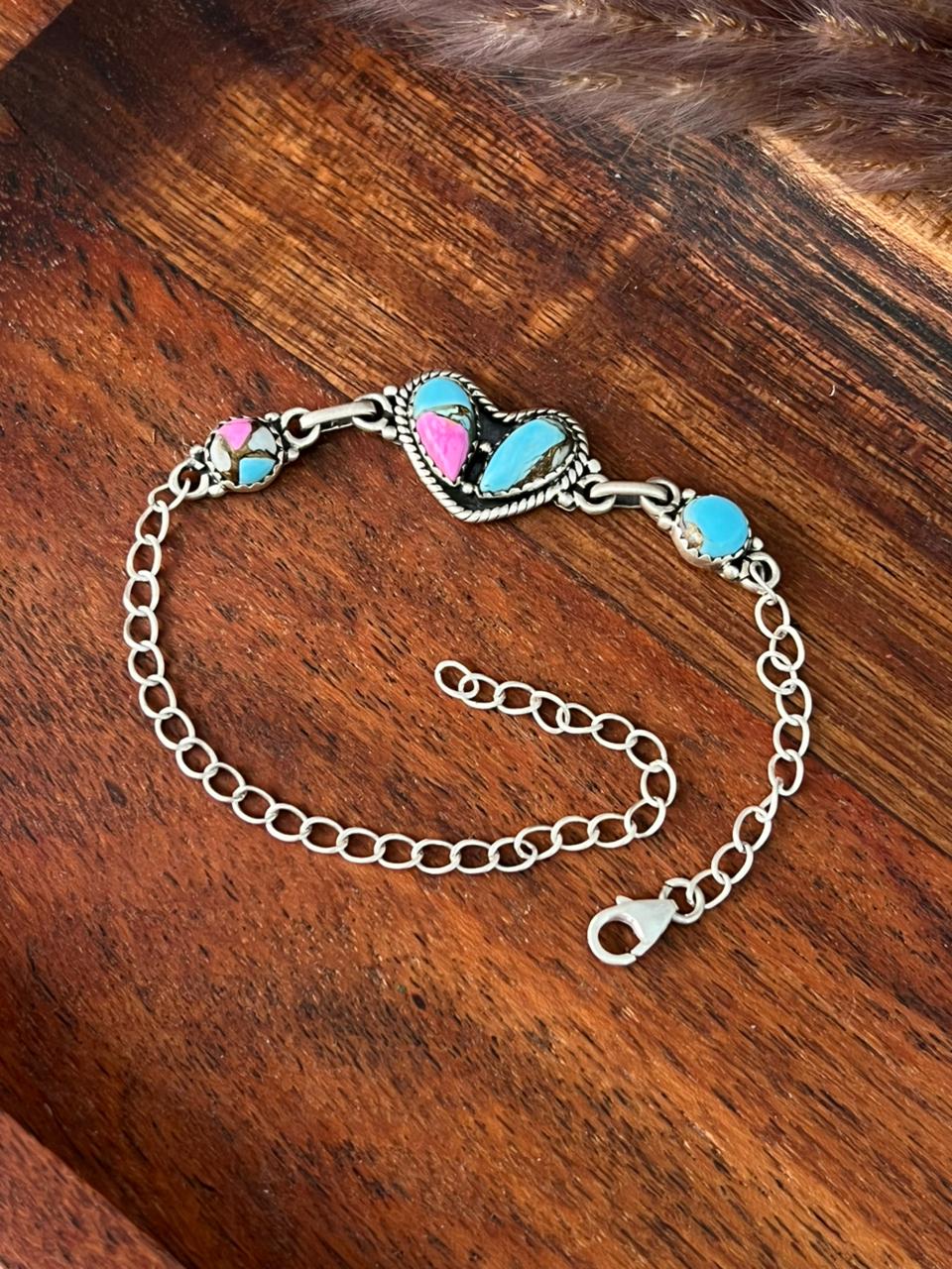 Handmade Sterling Silver Cotton Candy Heart Bracelet "Signed Nizhoni"