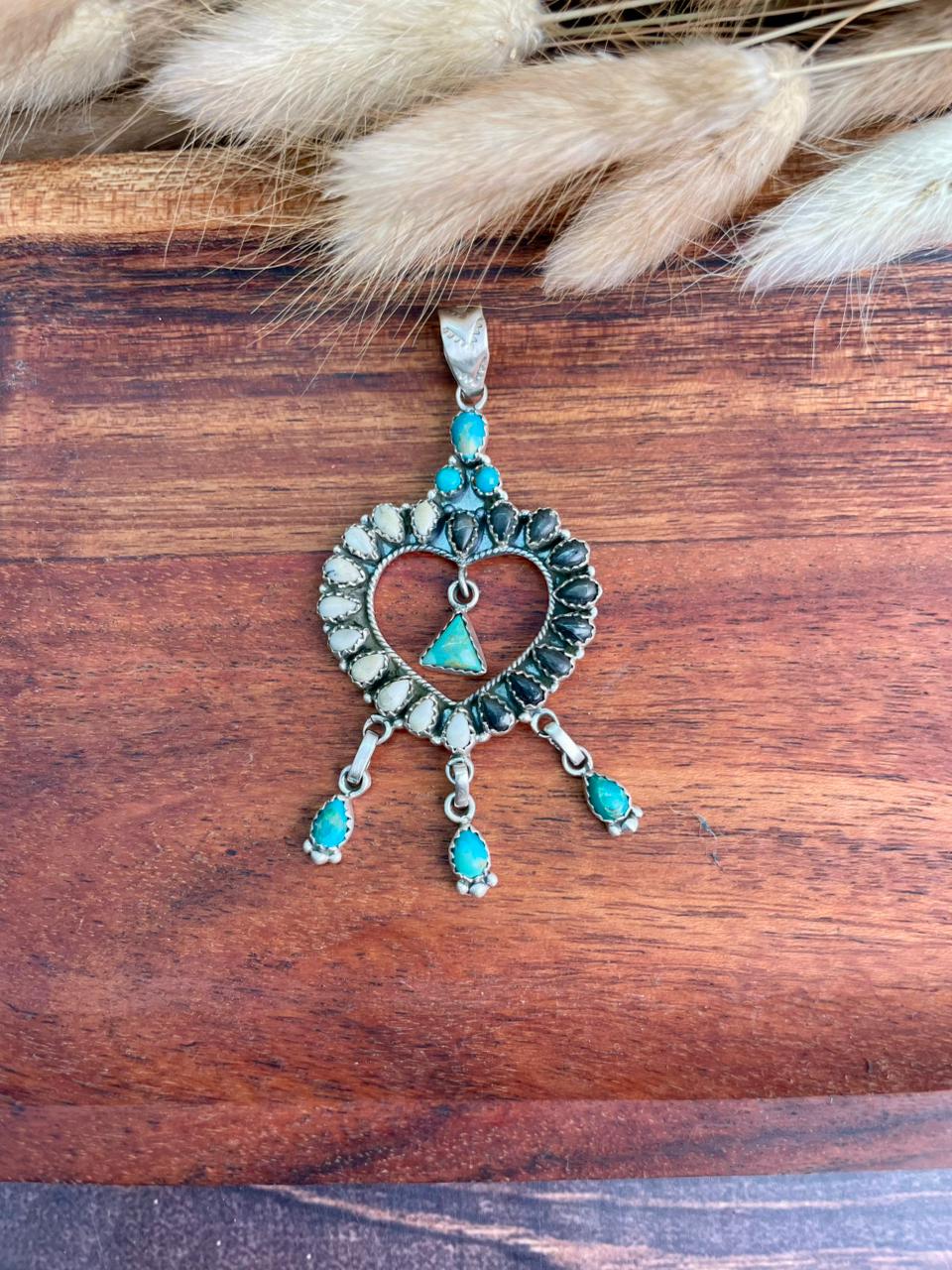 Handmade Sterling Silver Kingman Turquoise with White Buffalo Heart Pendant "Signed Nizhoni"