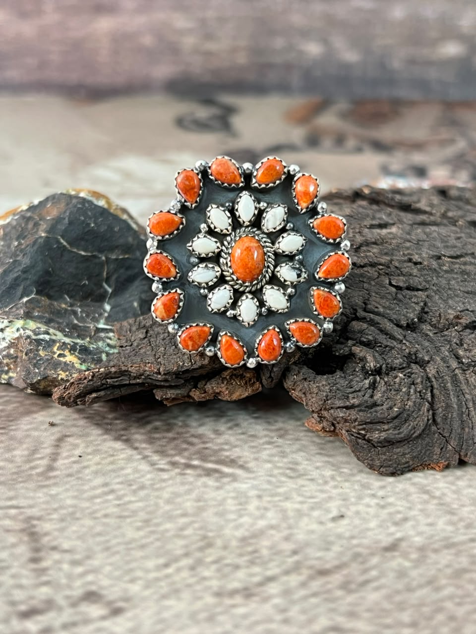 Handmade Sterling Silver Orange Mojave with White Buffalo Adjustable Ring Signed Nizhoni