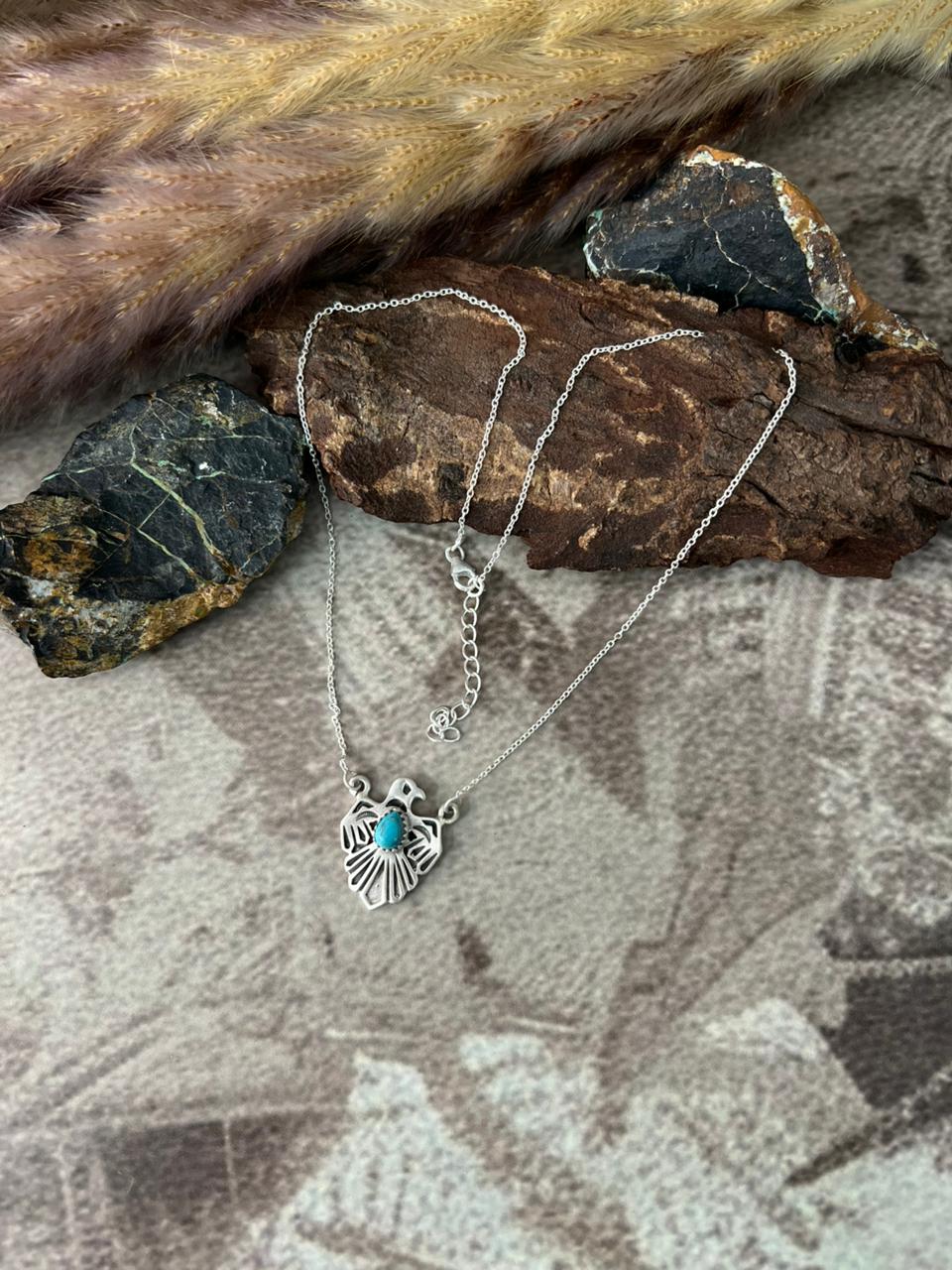 Handmade Sterling Silver Kingman Turquoise Thunder Bird Necklace "Signed Nizhoni"